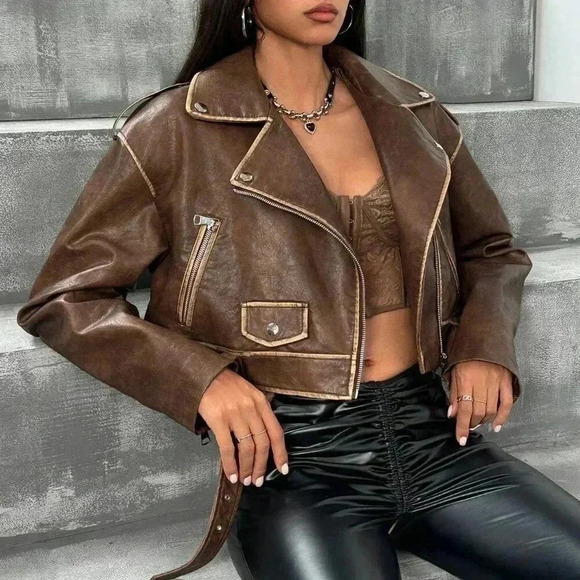 Brown Casual Women's Washed Fabric Moto Jacket - Picture 3 of 7